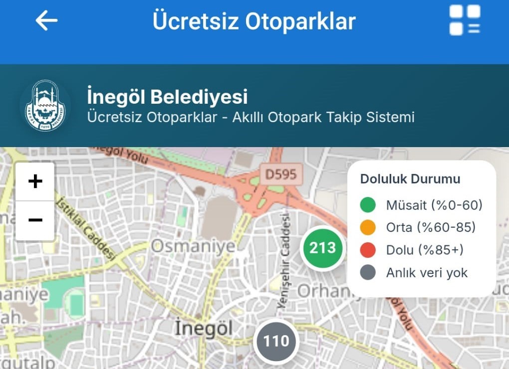İnegöl’de ücretsiz otoparkların anlık doluluk oranı artık cebinizde
